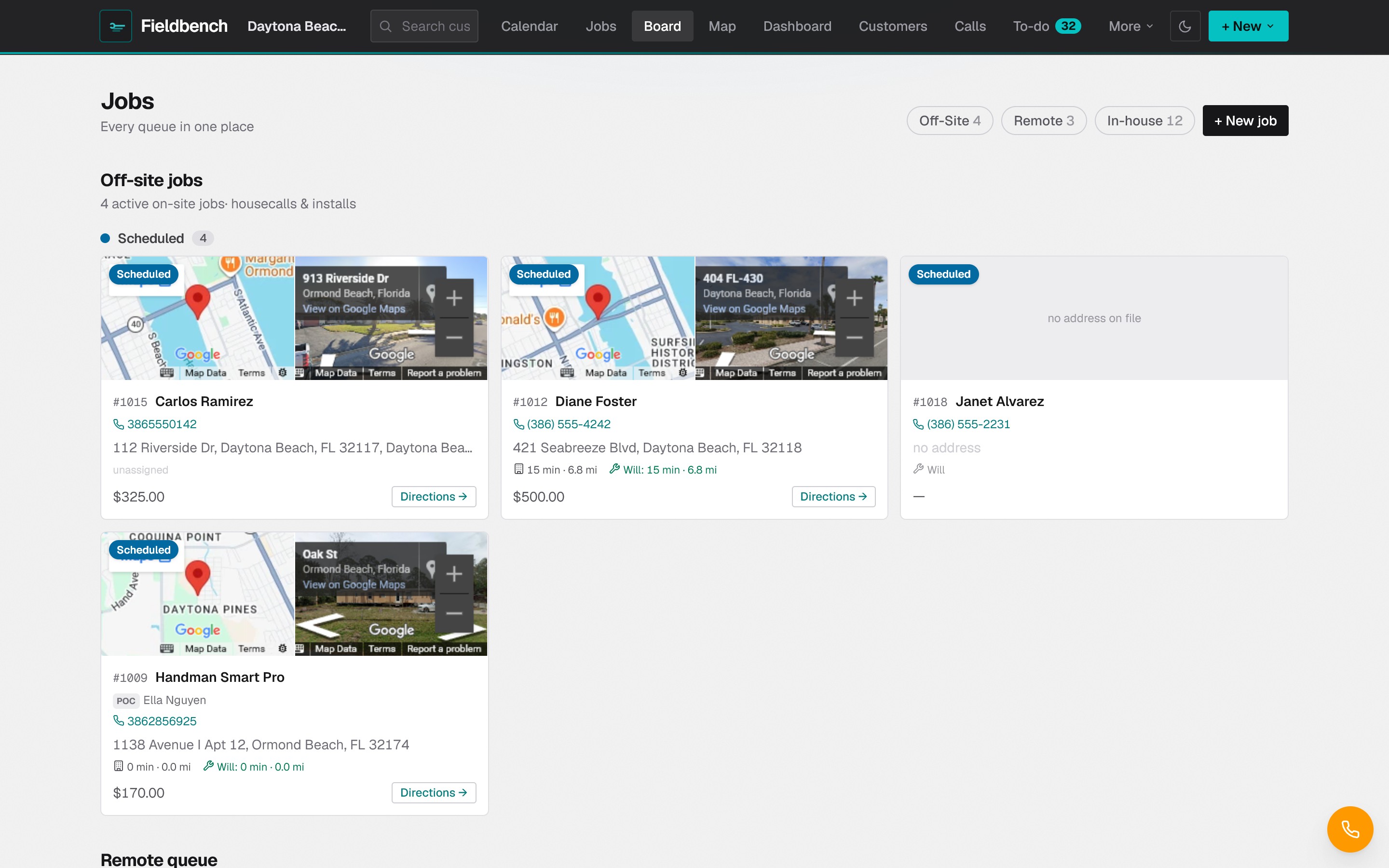 Job board with scheduled off-site jobs, maps, and drive times