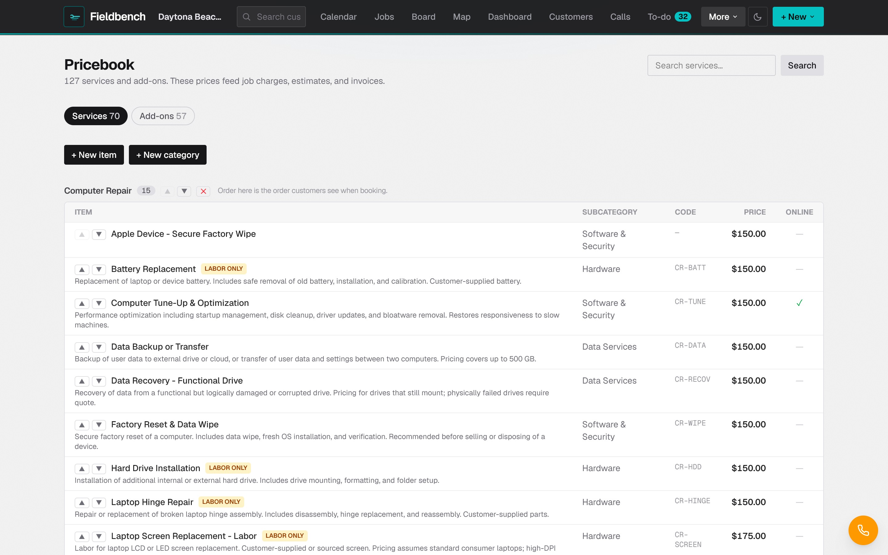 Service pricebook with categories, prices, and add-ons